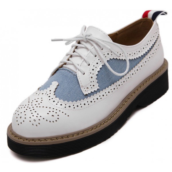 White Blue Demin Jeans Leather Baroque Lace Up Oxfords Platforms Shoes