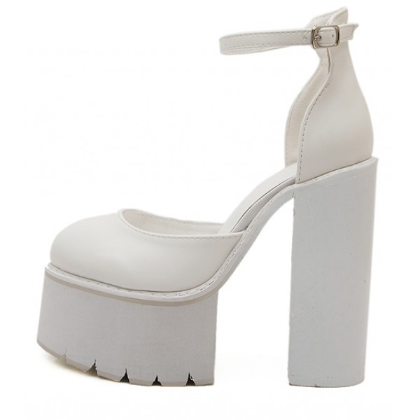 White Chunky Cleated Platforms Thick Sole Block High Heels Shoes