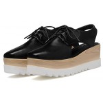 Black Leather Hollow Out Slingback Lace Up Platforms Wedges Oxfords Shoes