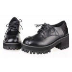 Black Chunky Sole Block Lace Up Heels Platforms Oxfords Shoes