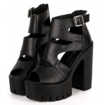 Black Peep Toe Strappy Punk Rock Platforms High Heels Sandals Shoes