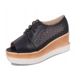 Black Leather Hollow Out Peep Toe Lace Up Platforms Wedges Oxfords Shoes