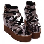 Grey Metallic Strappy Gladiator Platforms Wedges Sandals Shoes