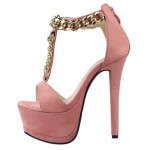 Pink Suede Metal Gold Chain Platforms T Strap Stiletto High Heels Sandals