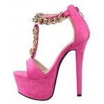 Pink Fushia Suede Metal Gold Chain Platforms T Strap Stiletto High Heels Sandals