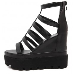 Black Punk Rock Thin Strappy Gladiator Platforms Wedges Sandals Shoes