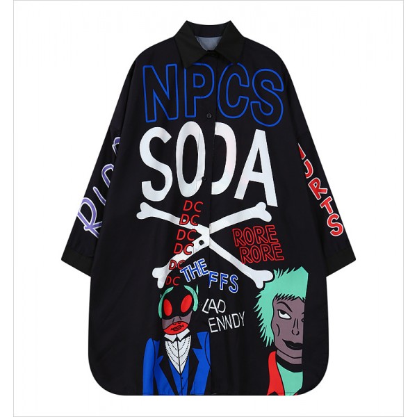 Black Soda Hip Hop Cartoon Long Sleeves Chiffon Blouse Oversized Boy Friend Shirt