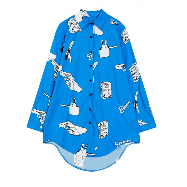 Blue Rabbits Scissors Cartoon Long Sleeves Chiffon Blouse Oversized Boy Friend Shirt