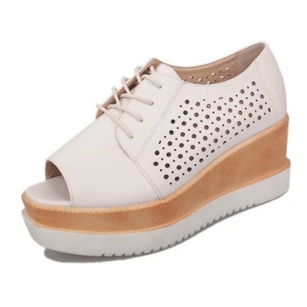 Cream Leather Hollow Out Peep Toe Lace Up Platforms Wedges Oxfords Shoes