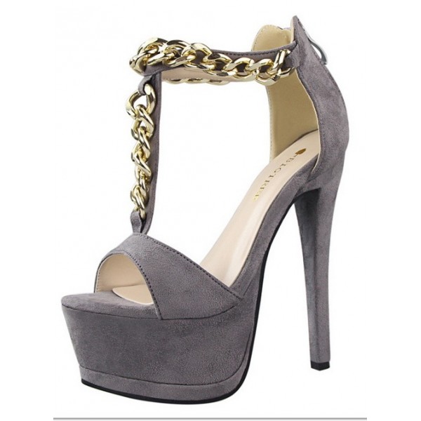 Grey Suede Metal Gold Chain Platforms T Strap Stiletto High Heels Sandals