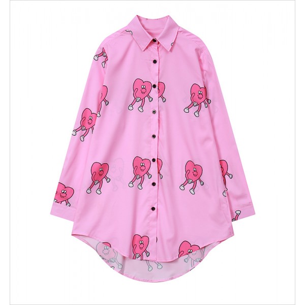 Pink Heart Cartoon Long Sleeves Chiffon Blouse Oversized Boy Friend Shirt