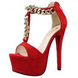 Red Suede Metal Gold Chain Platforms T Strap Stiletto High Heels Sandals