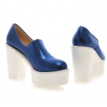 Blue Patent Glossy Chunky Sole Block High Heels Platforms Pumps Ankle Boots Shoes