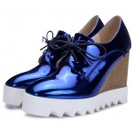 Blue Metallic Shiny Lace Up Platforms Wedges Oxfords Shoes