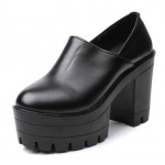 Black Chunky Sole Block High Heels Platforms Pumps Ankle Boots Shoes