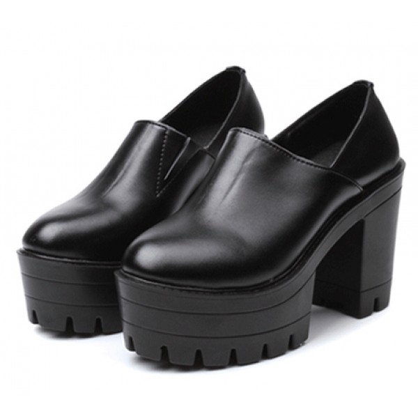 Black Chunky Sole Block High Heels Platforms Pumps Ankle Boots Shoes