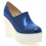 Blue Patent Glossy Chunky Sole Block High Heels Platforms Pumps Ankle Boots Shoes