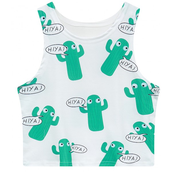White Kaktus Cartoon Sleeveless T Shirt Cami Tank Top