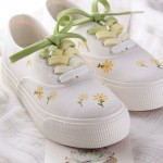 White Green Flowers Florals Lace Up Sneakers Flats Shoes