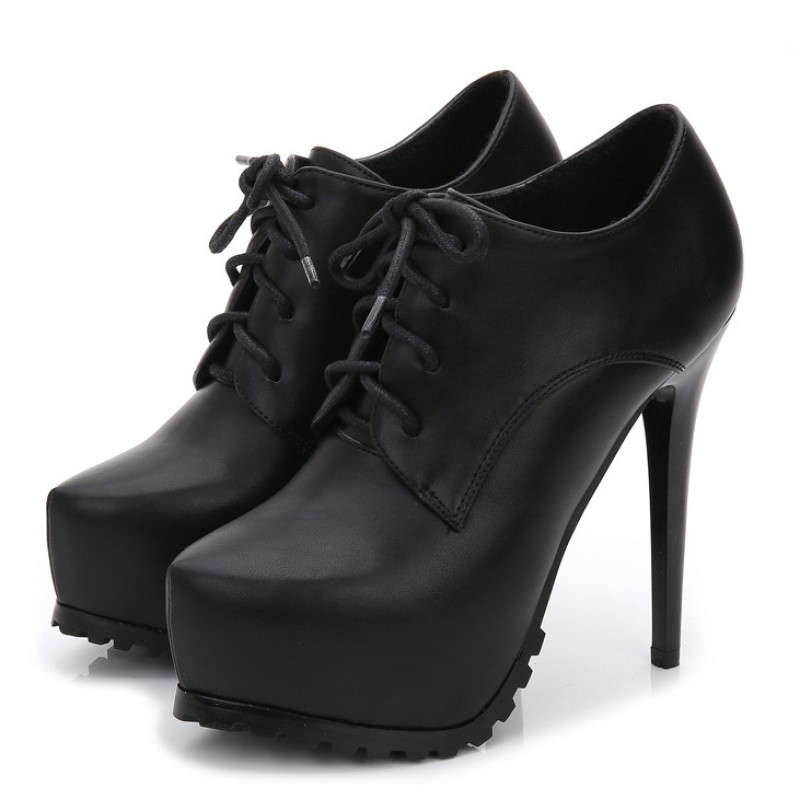 Black Lace Up Platforms Stiletto High Heels Ankle Boots