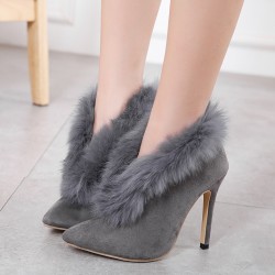 Grey Rabbit Fur Point Head Stiletto High Heels Boots Shoes