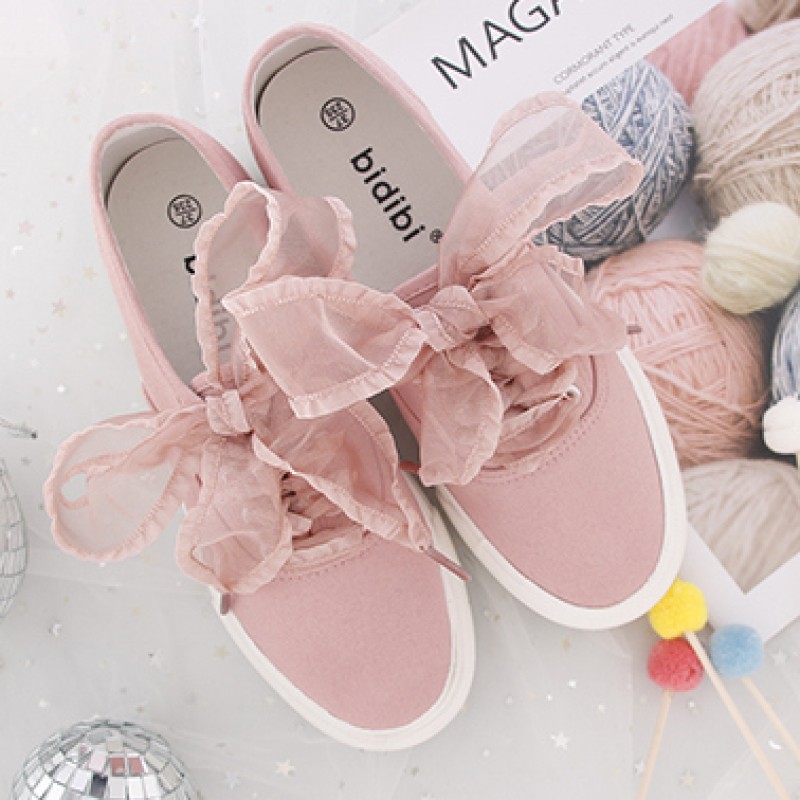 Pink Ribbon Giant Bow Lace Up Sneakers 