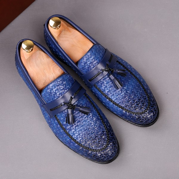 Blue Knitted Leather Tassels Mens Oxfords Loafers Dress Shoes Flats