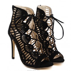 Black Suede Lace Up Hollow Cut Out High Heels Stiletto Sandals Shoes