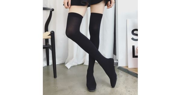 Black Stocking Knit Socks Long Knee Rider Silver Heels Boots Shoes
