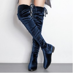 Blue Royal Velvet Long Knee Rider Flats Boots Shoes