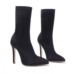 Black Stretchy Satin Point Head Mid Length Stiletto High Heels Boots Shoes