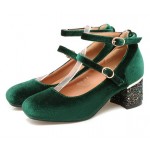 Green Velvet Ballets Mary Jane Glittering Block High Heels Shoes