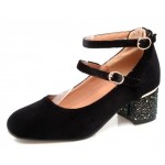 Black Velvet Ballets Mary Jane Glittering Block High Heels Shoes