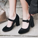 Black Velvet Mary Jane Block High Heels Shoes