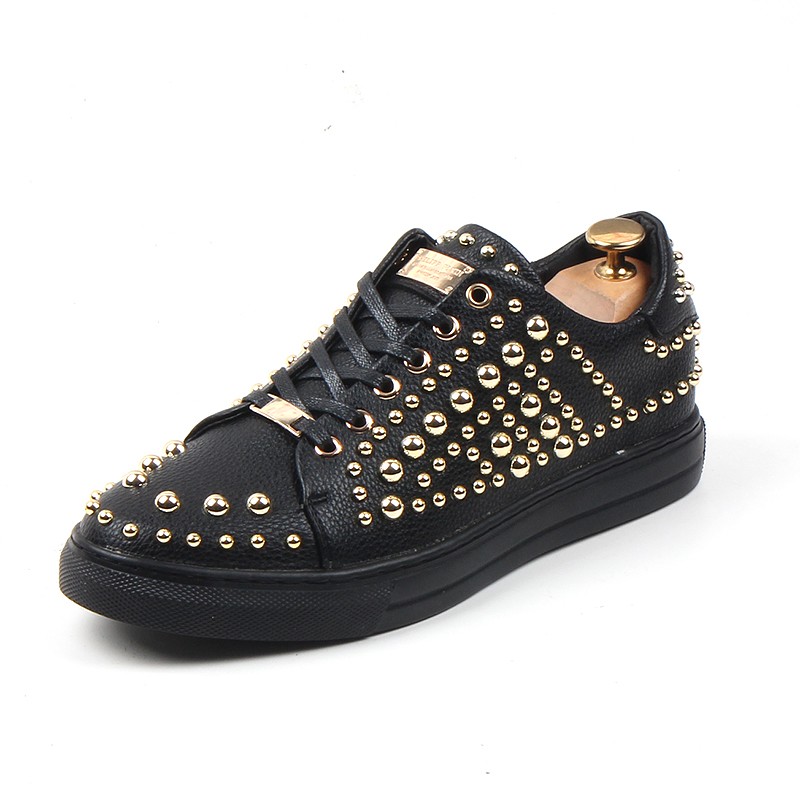 Black Gold Metal Studs Rock Lace Up Sneakers Flats Mens Shoes