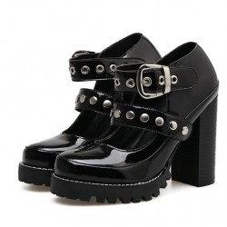 Black Patent Studs Gothic Punk Rock Chunky Block High Heels Mary Jane Shoes