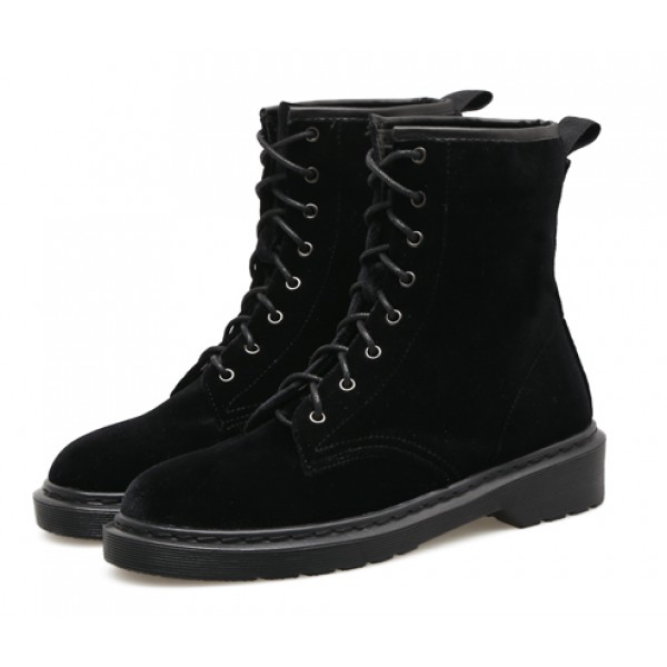 Black Velvet Lace Up Combat Military Boots Shoes