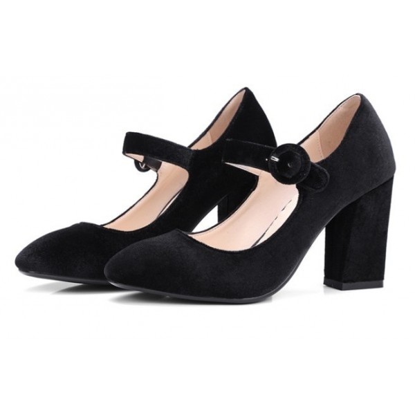Black Velvet Mary Jane Block High Heels Shoes