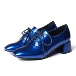 Blue Royal Patent Glossy Lace Up Blunt Head High Heels Oxfords Dress Shoes