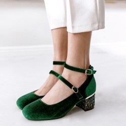 Green Velvet Ballets Mary Jane Glittering Block High Heels Shoes