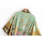 Green Florals Oriental Pattern Long Sleeves Kimono Cardigan Outer Wear