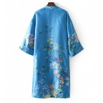 Blue Florals Pattern Long Sleeves Silky Kimono Cardigan Outer Wear