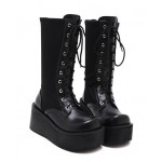 Black Chunky Platforms Sole Back Lace Up Grunge Gothic High Top Boots Shoes
