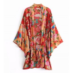 Orange Red Florals Crane Long Sleeves Kimono Cardigan Outer Wear