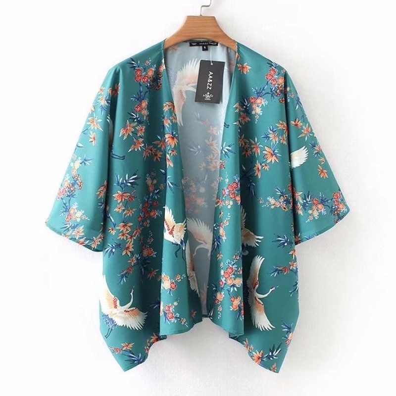 grandioso Completamente seco psicología Turquoise Vintage Oriental Crane Retro Batwing Kimono Cardigan Outer Wear