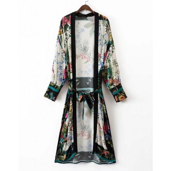 White Black Florals Pattern Japanese Long Sleeves Kimono Cardigan Outer Wear
