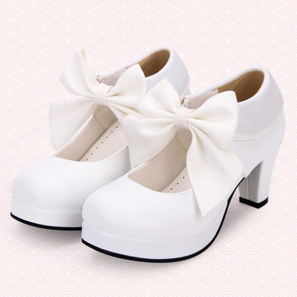 White Giant Bow Lolita Sweet Mary Jane High Heels Shoes
