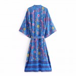 Blue Florals Oriental Pattern Long Sleeves Kimono Cardigan Outer Wear