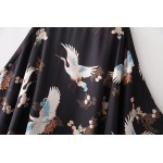Black White Crane Oriental Satin Kimono Cardigan Outer Wear