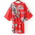 Red Florals Oriental Pattern Satin Long Sleeves Kimono Cardigan Outer Wear